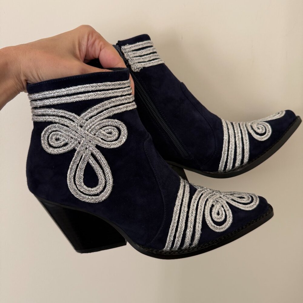 Jeffrey Campbell Gatlin Booties NWT Navy Suede Silver Western Sz 9 - Picture 2 of 10